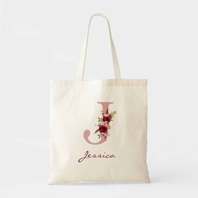 Tote Bag Rose Pivoine Bourgogne Lettre J Floral (Devant)