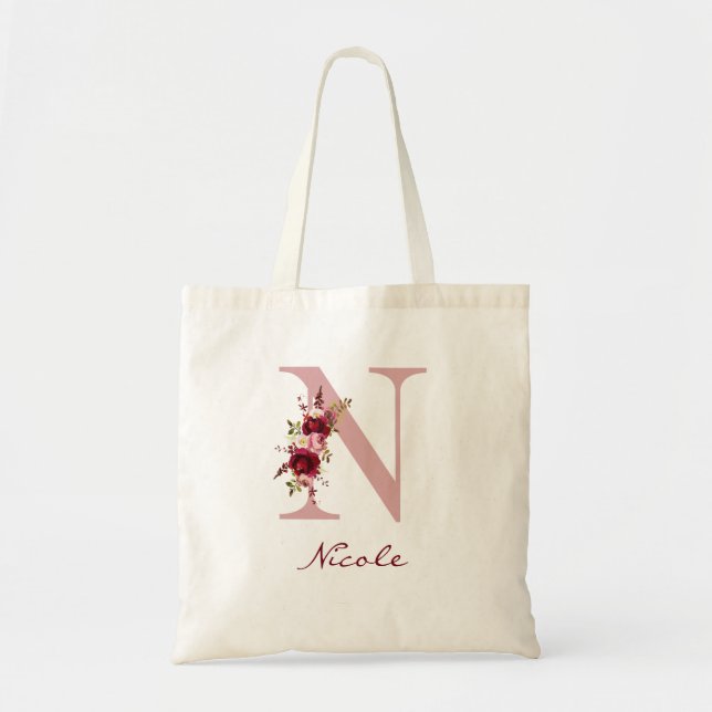 Tote Bag Rose Pivoine Bourgogne Lettre N Floral (Devant)