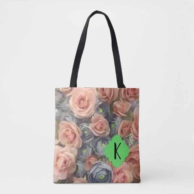Tote Bag Rose poussiéreux et fleurs bleues (Devant)