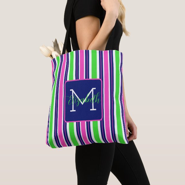 Tote Bag Rose Prépa Vert Bleu Marine Rayure Monogramme (De près)