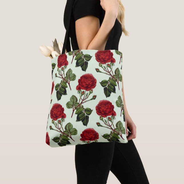 Tote Bag Rose Red Long Stem Motif Vert Arrière - plan (De près)