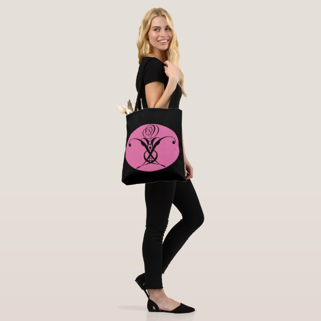 Tote Bag Rose rétro rose et noir (Sur le modèle)