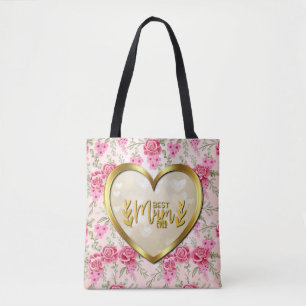 Tote Bag Rose rose élégante et cœur doré Meilleure maman qu