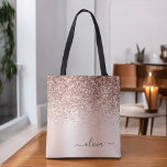 Tote Bag Rose Rose Or Blush Parties scintillant rose élégan<br><div class="desc">Rose Rose Or et Blush rose Faux Étincelle et Parties scintillant à goutte Métallique Acier Inoxydable Foil Élégant Sac Livre Monogramme. Ce sac de livre peut être customisé pour inclure votre nom initial et prénom et donné comme cadeau pour Noël,  Sweet 16 Anniversaire,  Fête des mariées ou un Mariage.</div>
