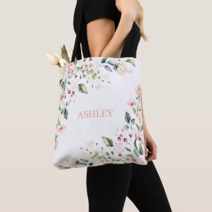Tote Bag Rose rose pâle Floral Aquarelle Nom Monogramme