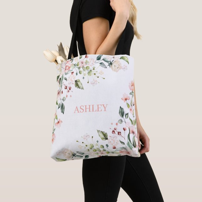 Tote Bag Rose rose pâle Floral Aquarelle Nom Monogramme (De près)