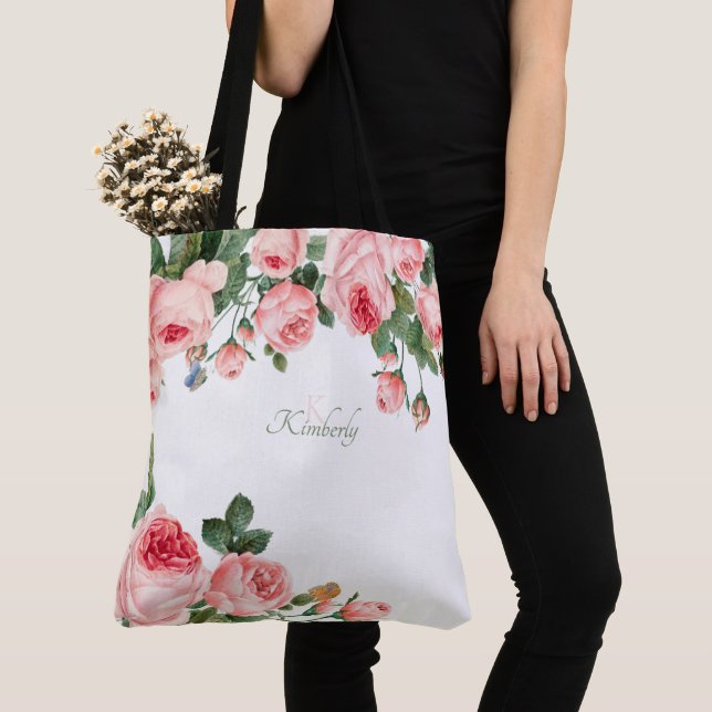 Tote Bag Rose rose pivoine florale initiale monogramme (De près)