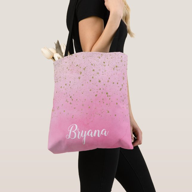 Tote Bag Rose Rosé Rose et Or Paillettes Glamour Brillante  (De près)