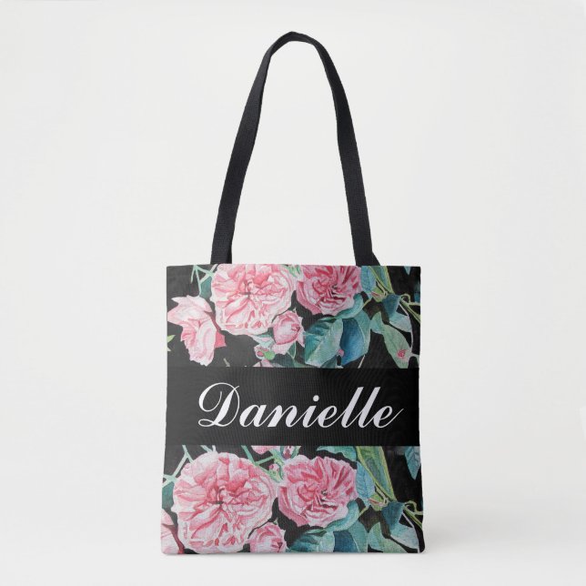 Tote Bag Rose rose roses Fleur Florale rétro sur l'art noir (Devant)