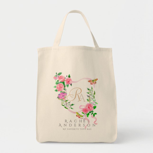 Tote Bag Rose rose Ruban Chic Monogramme Beige (Devant)