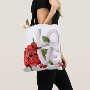 Tote Bag Rose rouge romantique avec une typographie amoureu