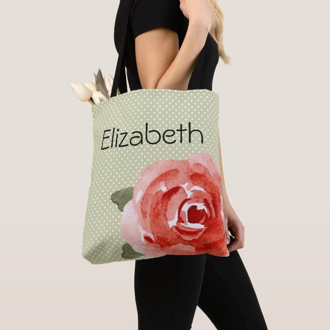 Tote Bag Rose rouge sur Pois blanc et citron vert (De près)