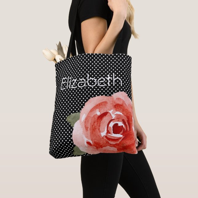 Tote Bag Rose rouge sur Pois blancs noirs (De près)