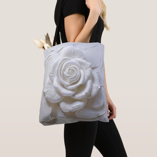 Tote Bag Rose sculptée - Blanc sur Blanc (De près)