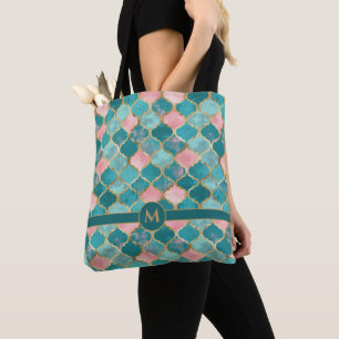 Tote Bag Rose Turquoise Or Motif Élégant Personnalisé