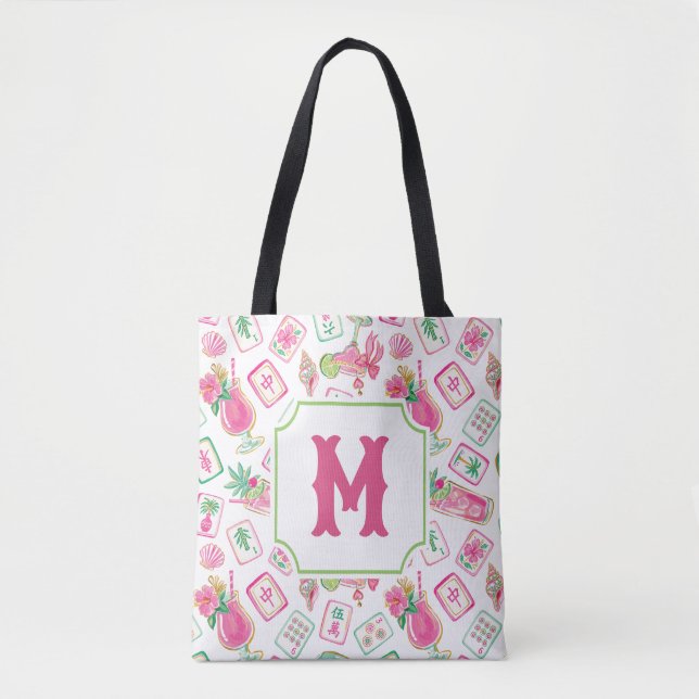 Tote Bag Rose & Vert Palm Beach Mahjong & Mixers Monogramme (Devant)