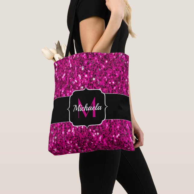 Tote Bag Rose vif étincelles faux strass Monogramme (De près)