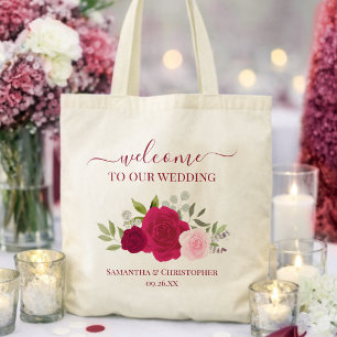 Tote Bag Roseaux Boho Rose Magenta Élégant Mariage Bienvenu