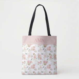 Tote Bag Roses aquarelles romantiques Monogramme rose pou