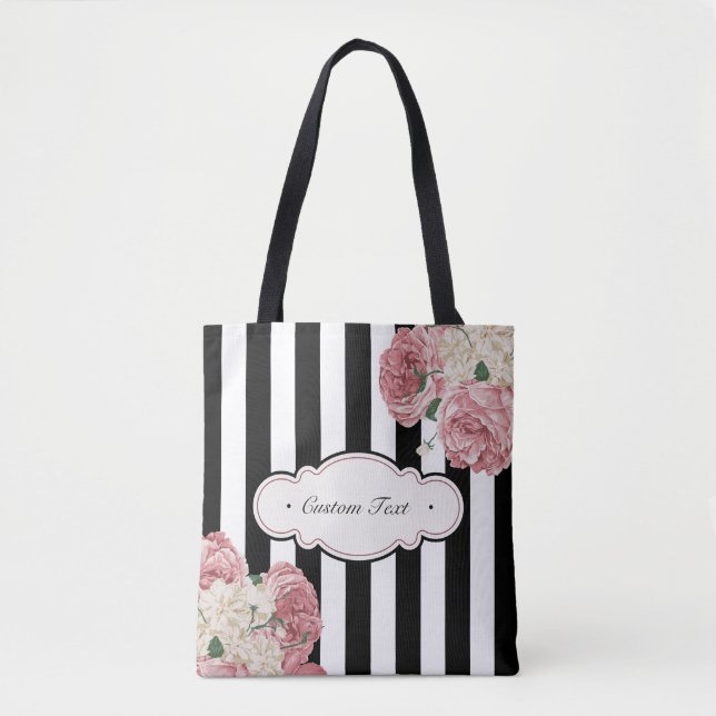 Tote Bag Roses avec les rayures noires et blanches (Devant)