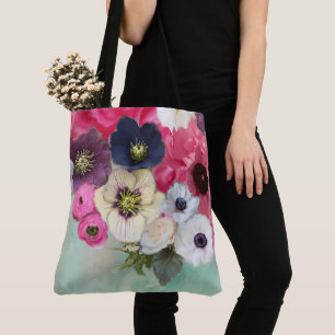 TOTE BAG ROSES BLANCHES ET ROSES , FLEURS D'ANÉMONE , BLEU 