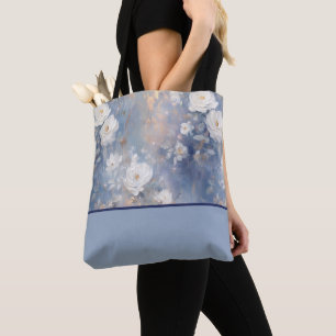 Tote Bag Roses blanches sur Arrière - plan bleu, Bloc de co