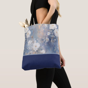 Tote Bag Roses blanches sur fond bleu, bloc de couleur