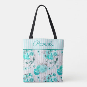 Tote Bag Roses Bleus Turquoise, Rayures Grises et Monogramm