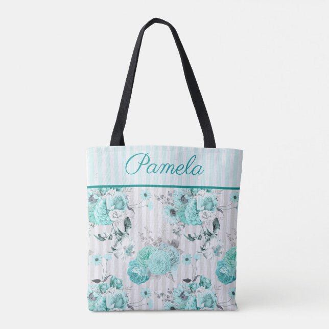 Tote Bag Roses Bleus Turquoise, Rayures Grises et Monogramm (Dos)
