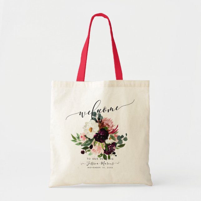Tote Bag Roses Bourgogne+Rouge pâle, Fleurs Aquarelle Bienv (Devant)