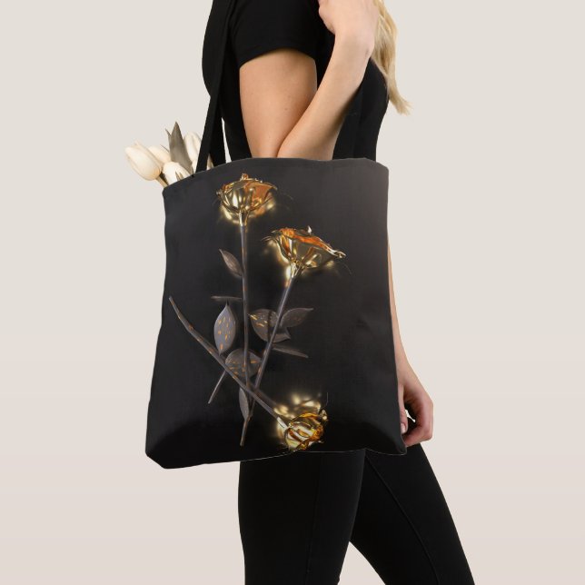 Tote Bag Roses Brûlantes – Élégance Dorée (De près)