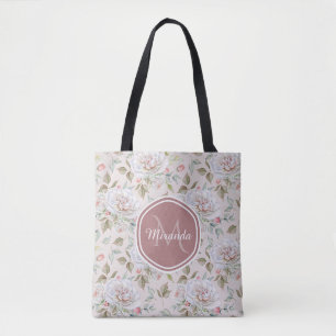 Tote Bag Roses crèmes élégants monogramme et nom floraux