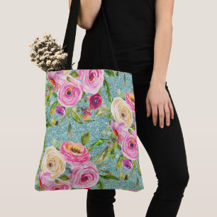 Tote Bag Roses d'aquarelle en Parties scintillant Aqua rose