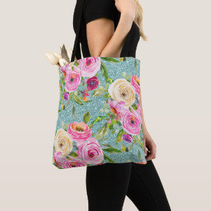 Tote Bag Roses d'aquarelle en Parties scintillant Aqua rose