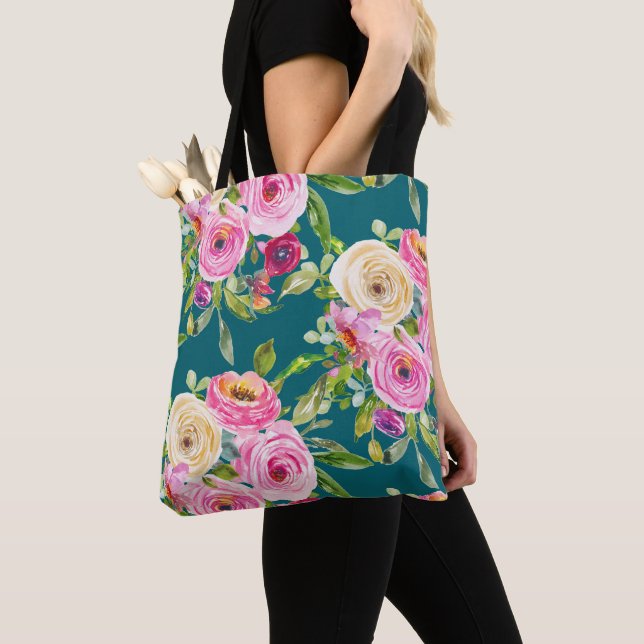 Tote Bag Roses d'aquarelle en rose et crème sur Turquoise (De près)
