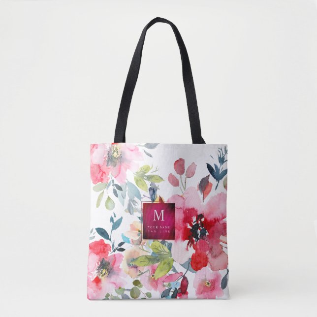 Tote Bag Roses de jardin d'aquarelle, Ombre rouge+Monogramm (Devant)