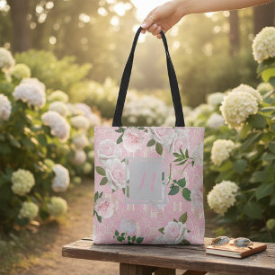 Tote Bag Roses Élégantes Rose Pâle et Monogramme en Damas O
