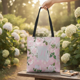 Tote Bag Roses Élégantes Rose Pâle et Monogramme en Damas O