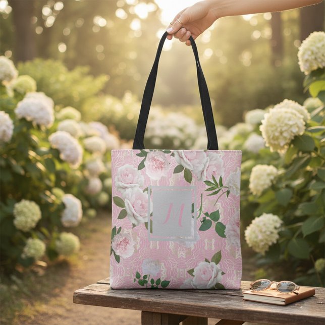 Tote Bag Roses Élégantes Rose Poudré et Monogramme en Damas (Créateur téléchargé)