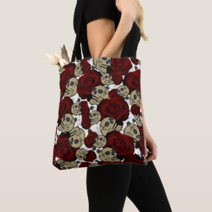Tote Bag Roses et crânes rouges Floral Blanc gothique noir