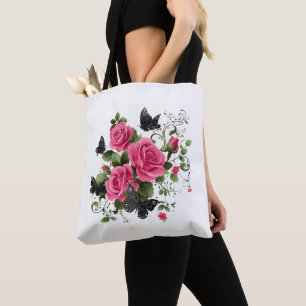 Tote Bag Roses et Papillons, Dessin Coloré,