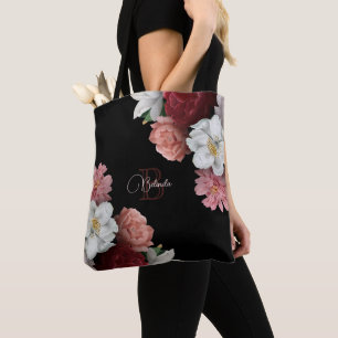 Tote Bag Roses Fleur Dessinées à la Main Noir