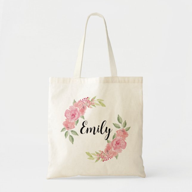 Tote Bag Roses Florales Élégantes Monogramme Nom Demoiselle (Devant)