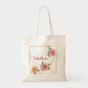 Tote Bag Roses géométriques d'or Nom floral personnalisé