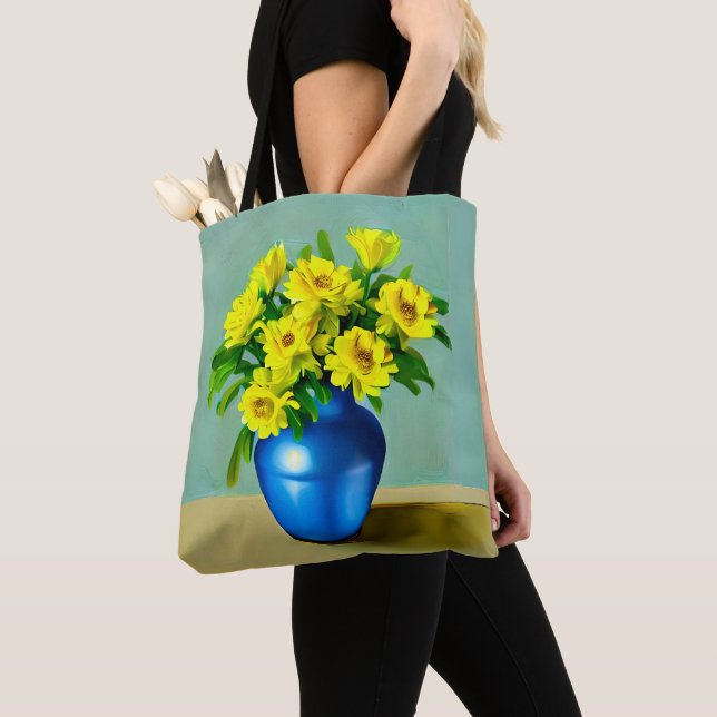 Tote Bag Roses jaunes dans un Vase bleu Boho Art (De près)