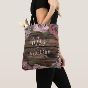 Tote Bag Roses Mauve Rose Poussiéreux Broderie Florale Bois