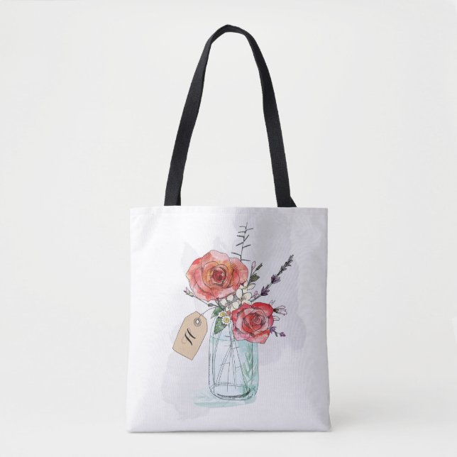 Tote Bag Roses peints en Mason Jar Monogramme floral (Devant)