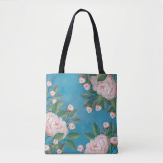 Tote Bag Roses rose pâle avec Arrière - plan bleu marine