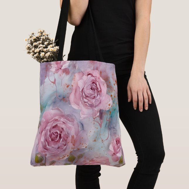 Tote Bag Roses roses et or à grande échelle (De près)