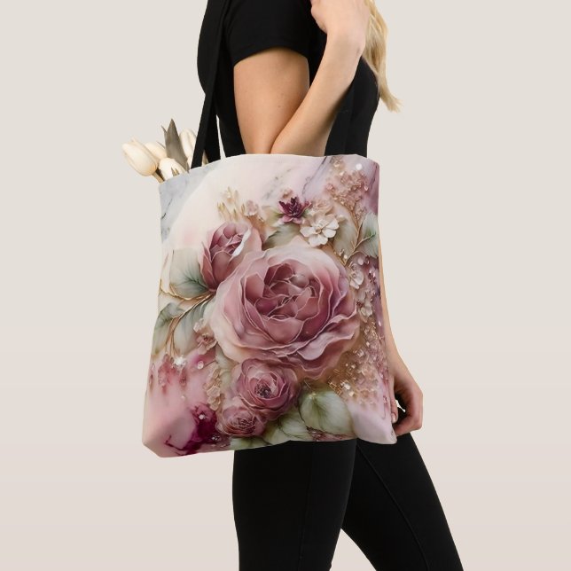 Tote Bag Roses roses et or à grande échelle (De près)